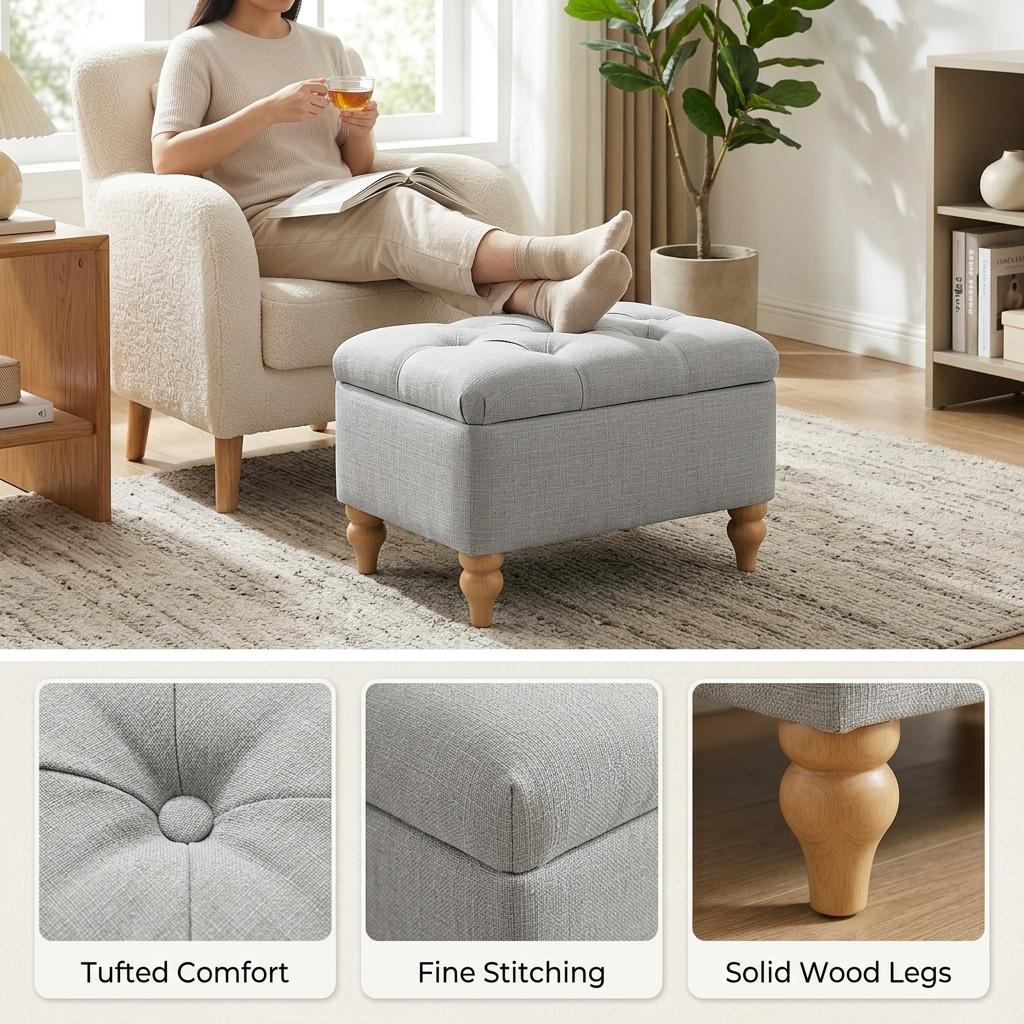 Modern Grey Fabric Ottoman, Oak Legs - JULIPA NEW GREY