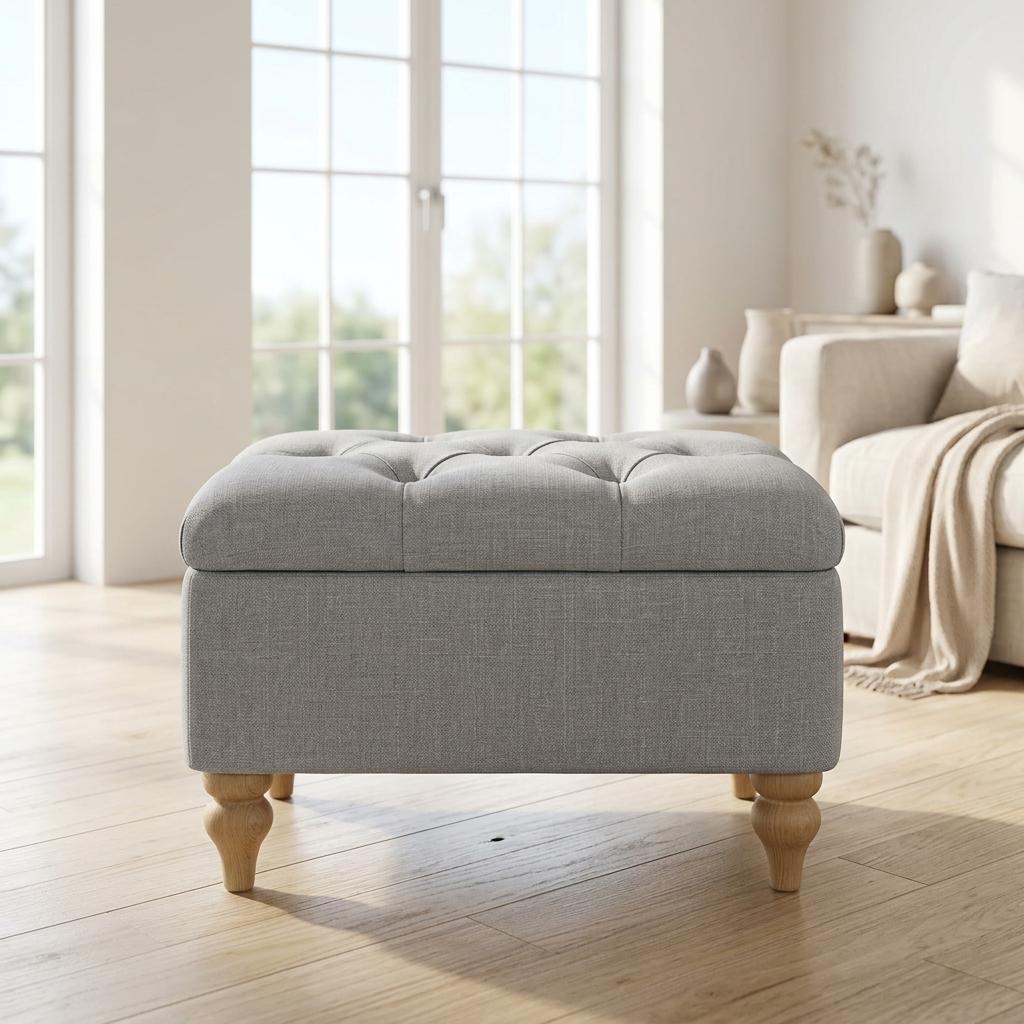 Modern Grey Fabric Ottoman, Oak Legs - JULIPA NEW GREY