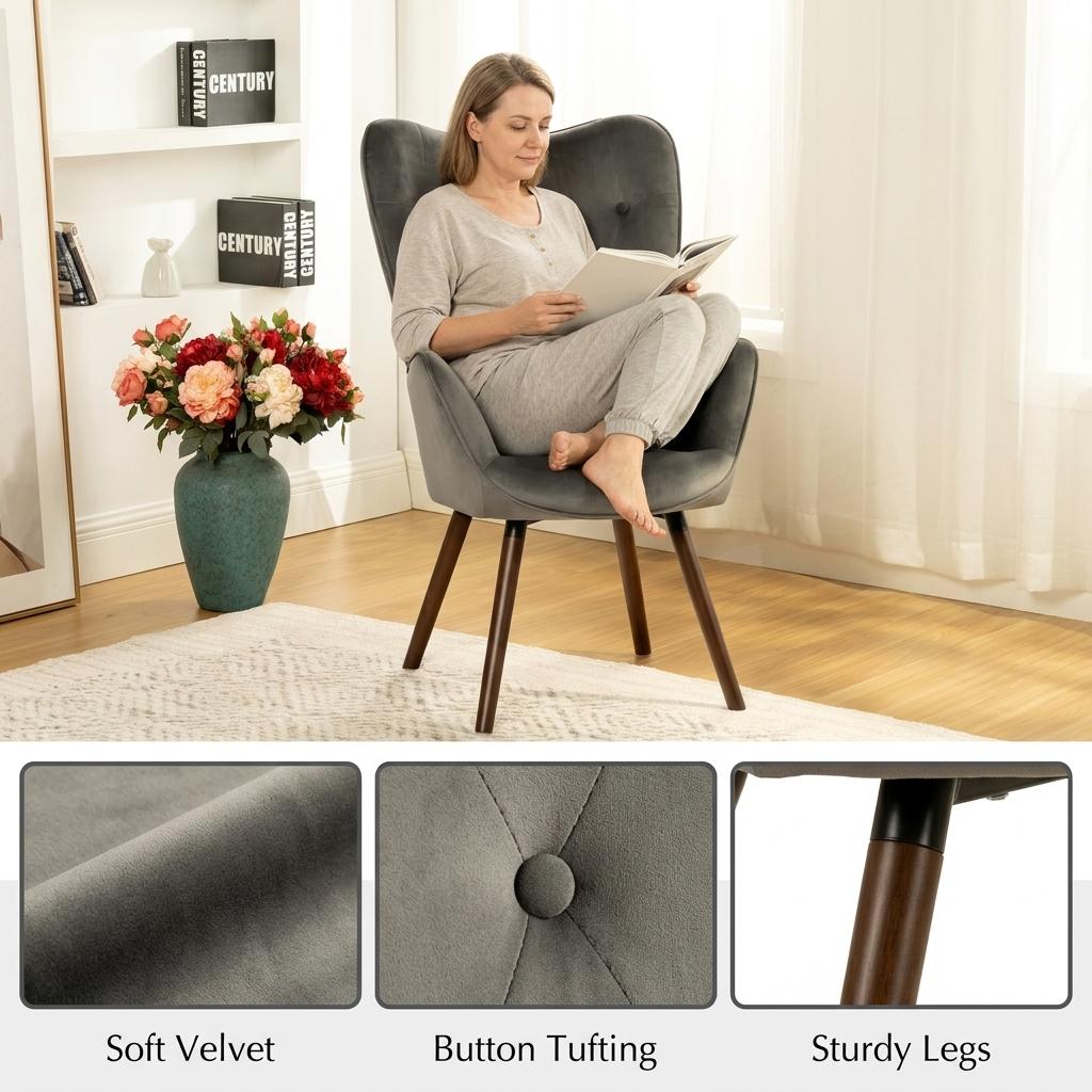 Modern Velvet Leisure Armchair, Beech Wood Legs – KAS KD VELVET DARK GREY