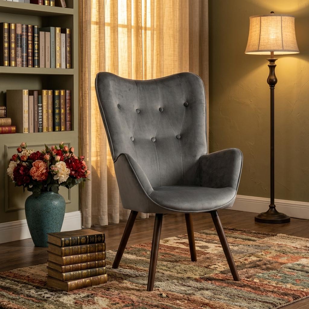 Modern Velvet Leisure Armchair, Beech Wood Legs – KAS KD VELVET DARK GREY