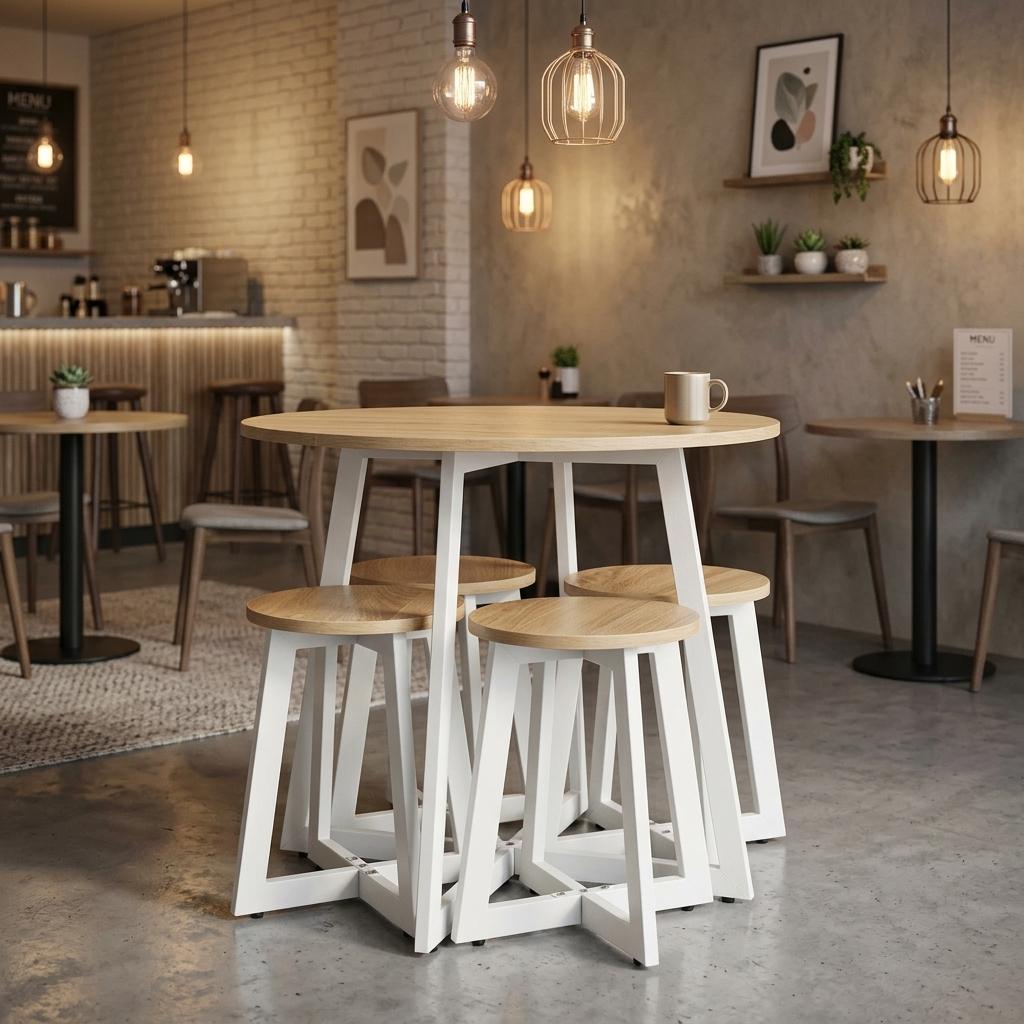 Modern Oak White Dining Set, MDF Table & Stools - KES DIN SET A