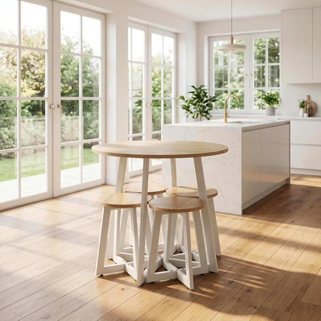 Modern Oak White Dining Set, MDF Table & Stools - KES DIN SET A