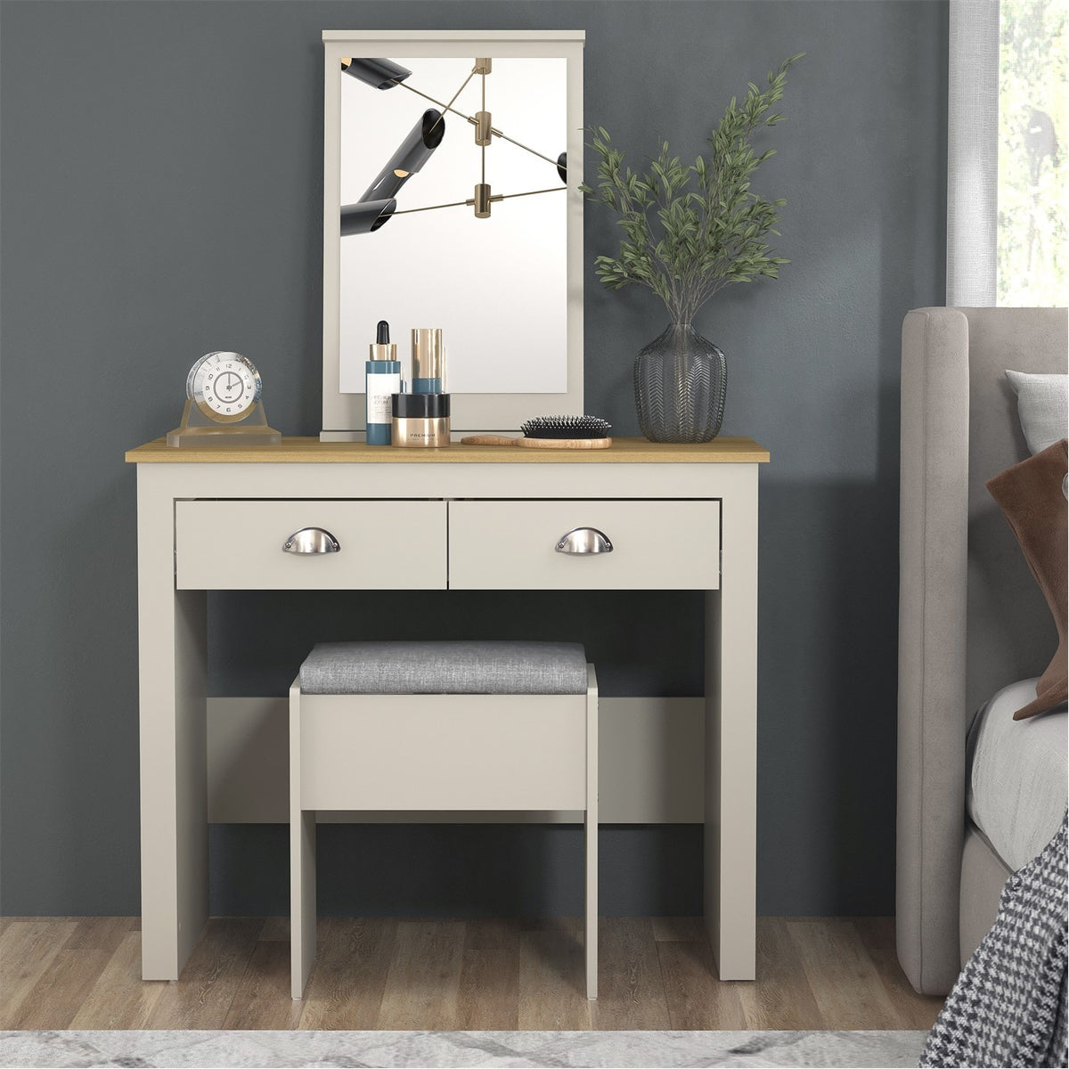 Modern Grey Vanity, MDF Melamine Finish - LANCASTER 2 Drawer Dressing Table Set