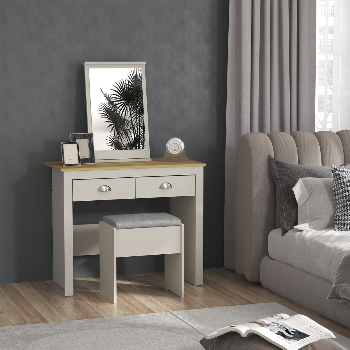 Modern Grey Vanity, MDF Melamine Finish - LANCASTER 2 Drawer Dressing Table Set