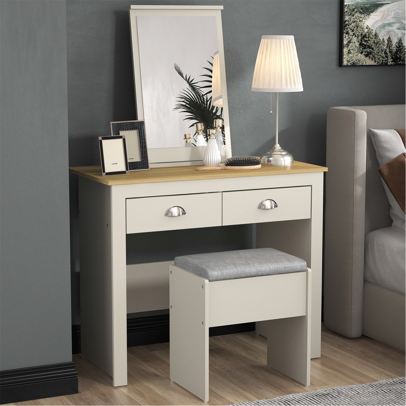 grey dressing table set Royal Hampton 3Pc Vanity Dressing Table Set W Stool, Gray, Satin Fabric, Rubberwood