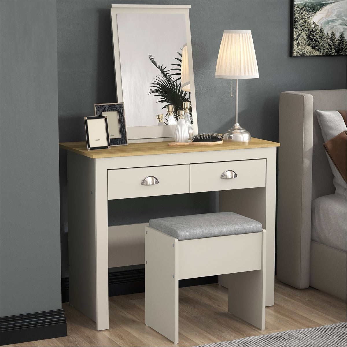 Modern Grey Vanity, MDF Melamine Finish - LANCASTER 2 Drawer Dressing Table Set