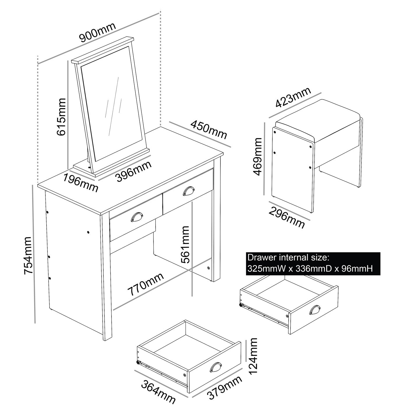 Modern Grey Vanity, MDF Melamine Finish - LANCASTER 2 Drawer Dressing Table Set