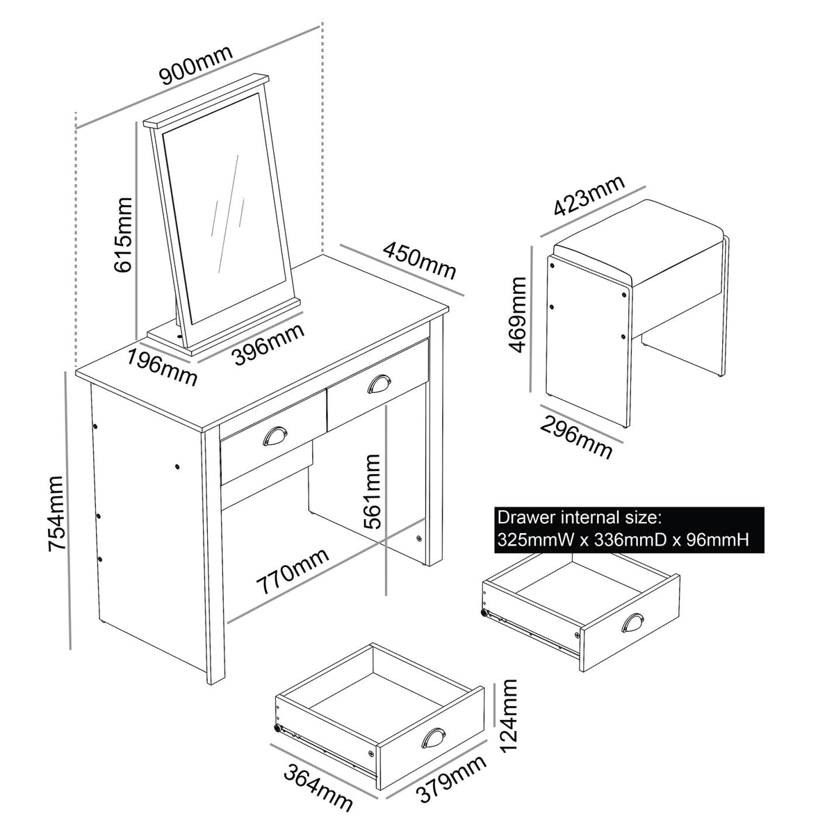 Modern Grey Vanity, MDF Melamine Finish - LANCASTER 2 Drawer Dressing Table Set
