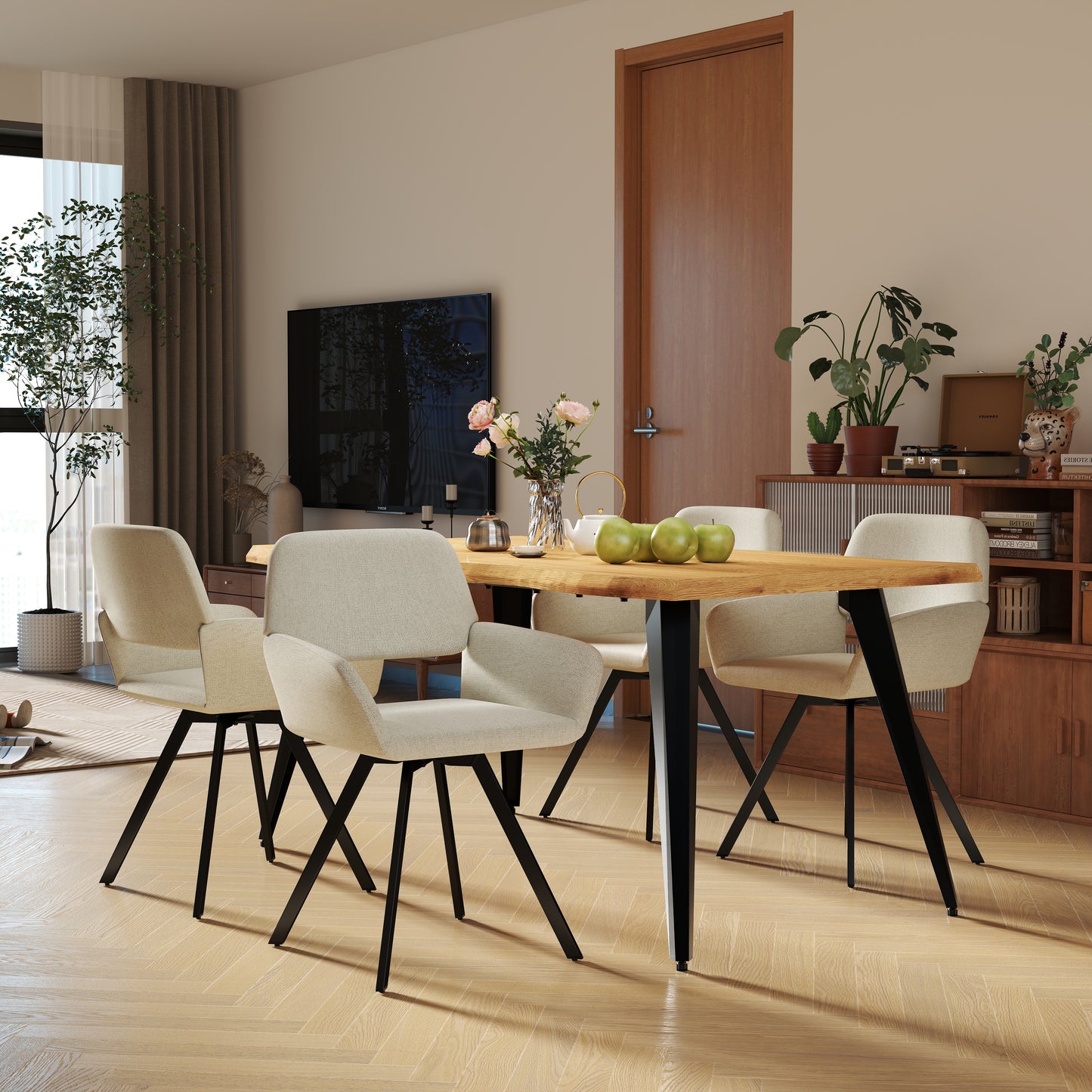 Modern Swivel Dining Chair, Beige Fabric & Black Legs - CALIFORNIA KD BEIGE SWIVEL A