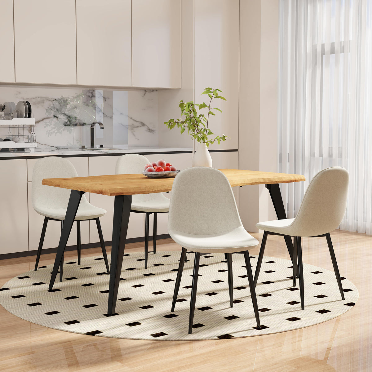Modern Beige Fabric Dining Chair – Black Metal Leg