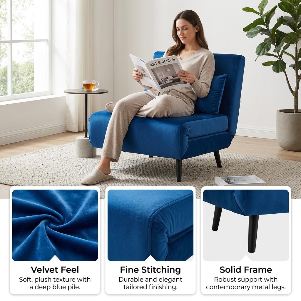 Modern Velvet Sofa Bed, Navy Blue Iron Legs - LENA CB NAVY