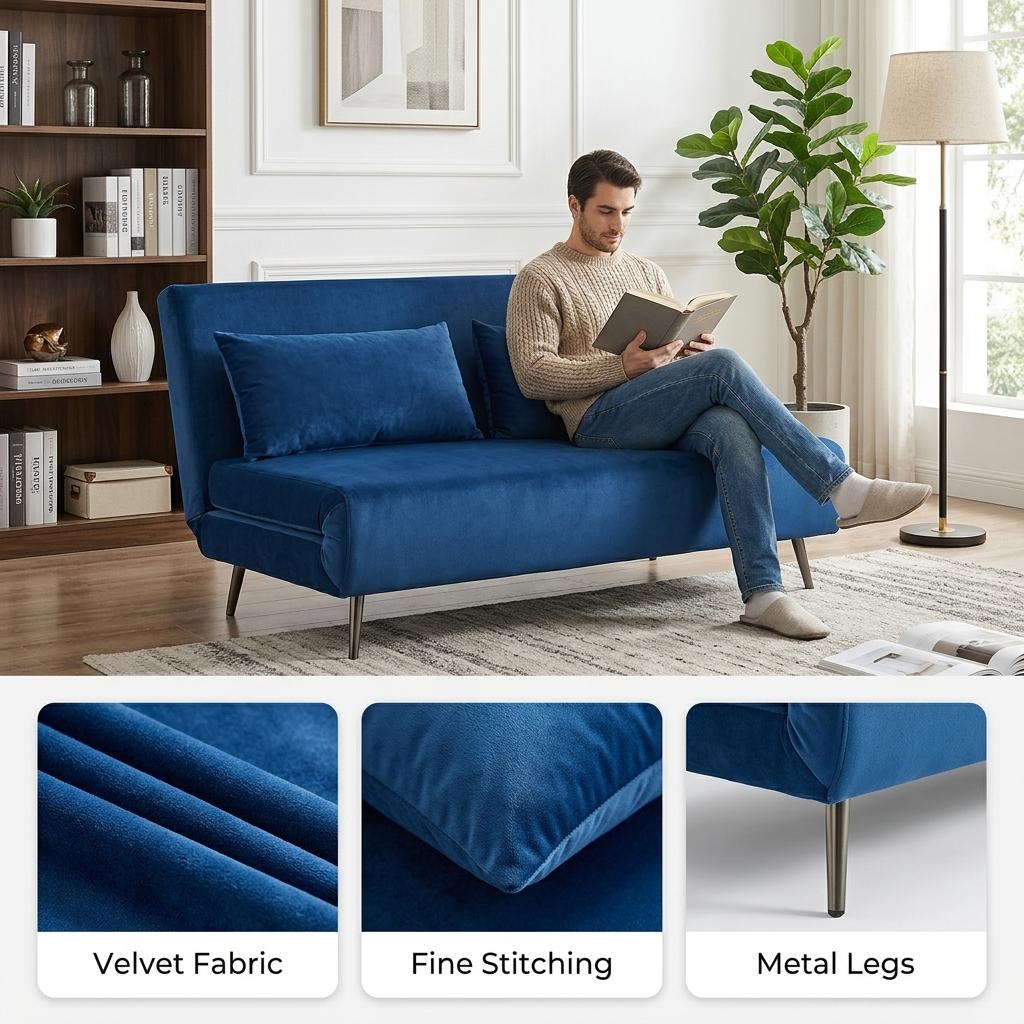 Modern Velvet Blue Sofa, Iron Legs - LENA SOFAB BLUE