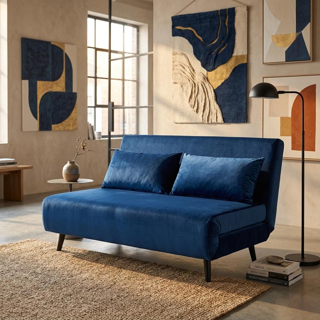 Modern Velvet Blue Sofa, Iron Legs - LENA SOFAB BLUE
