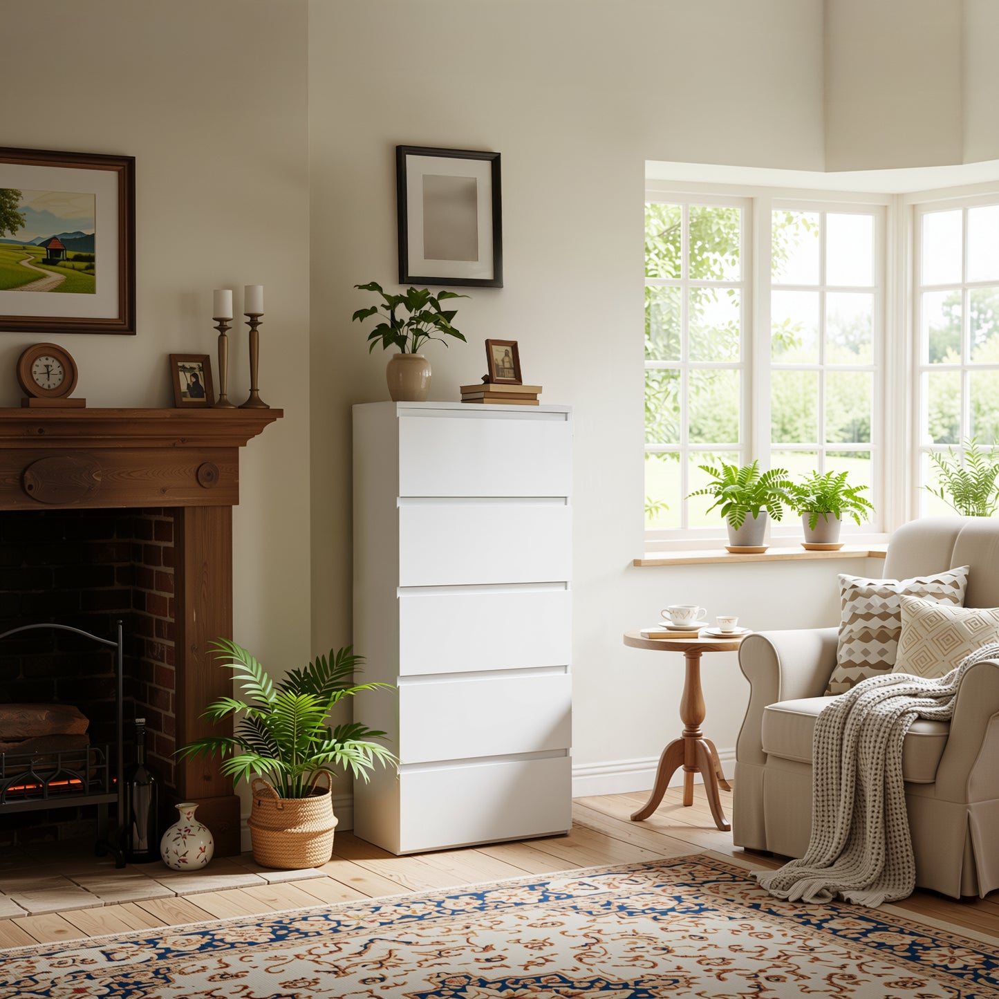 Modern White Storage, Particleboard Tall Chest - LOCKE 5 Drawer