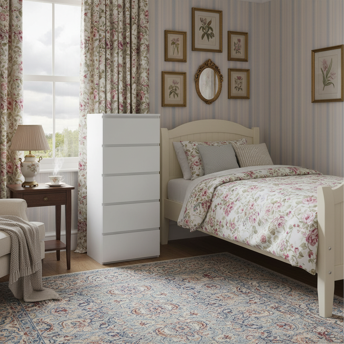 Modern White Storage, Particleboard Tall Chest - LOCKE 5 Drawer