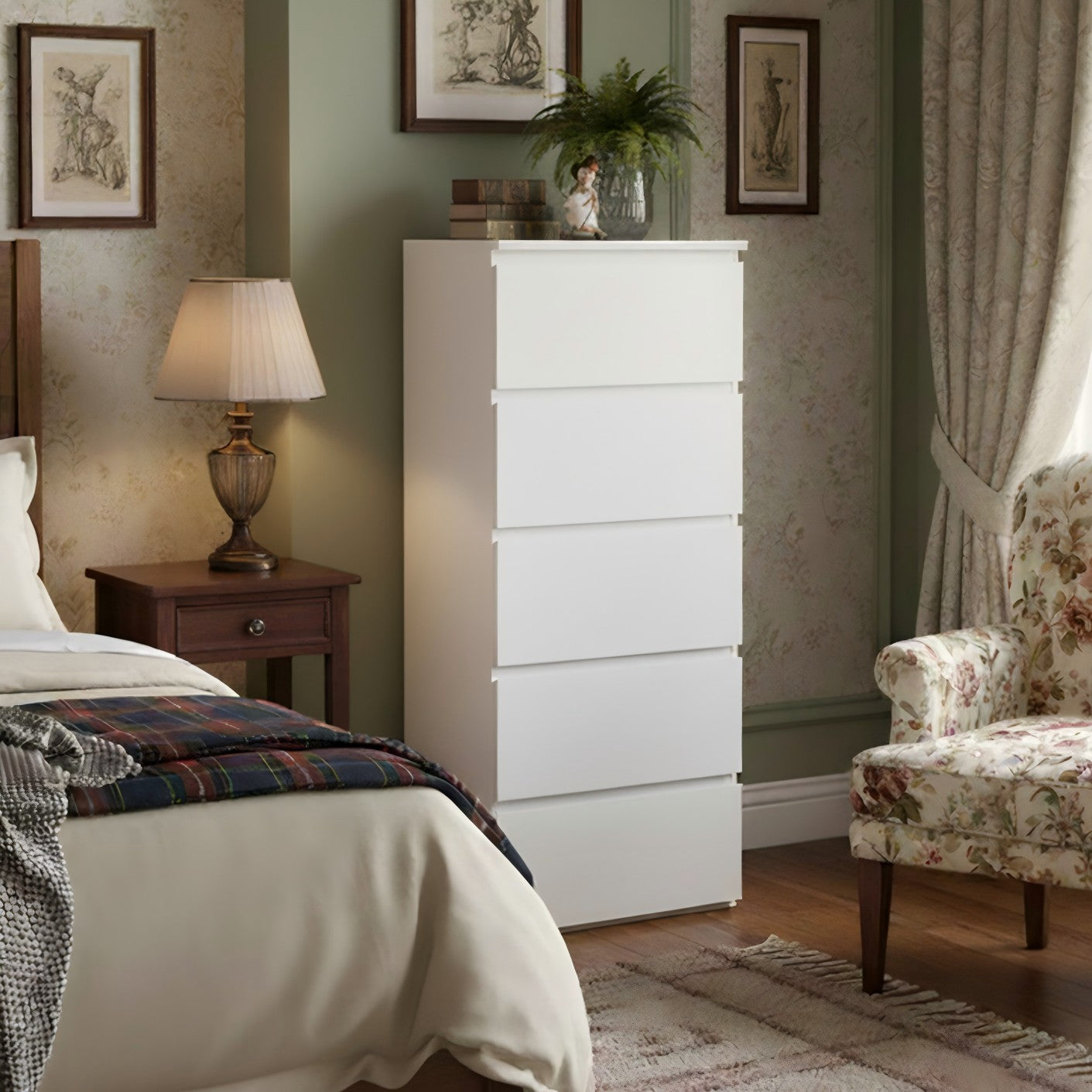 Modern White Storage, Particleboard Tall Chest - LOCKE 5 Drawer