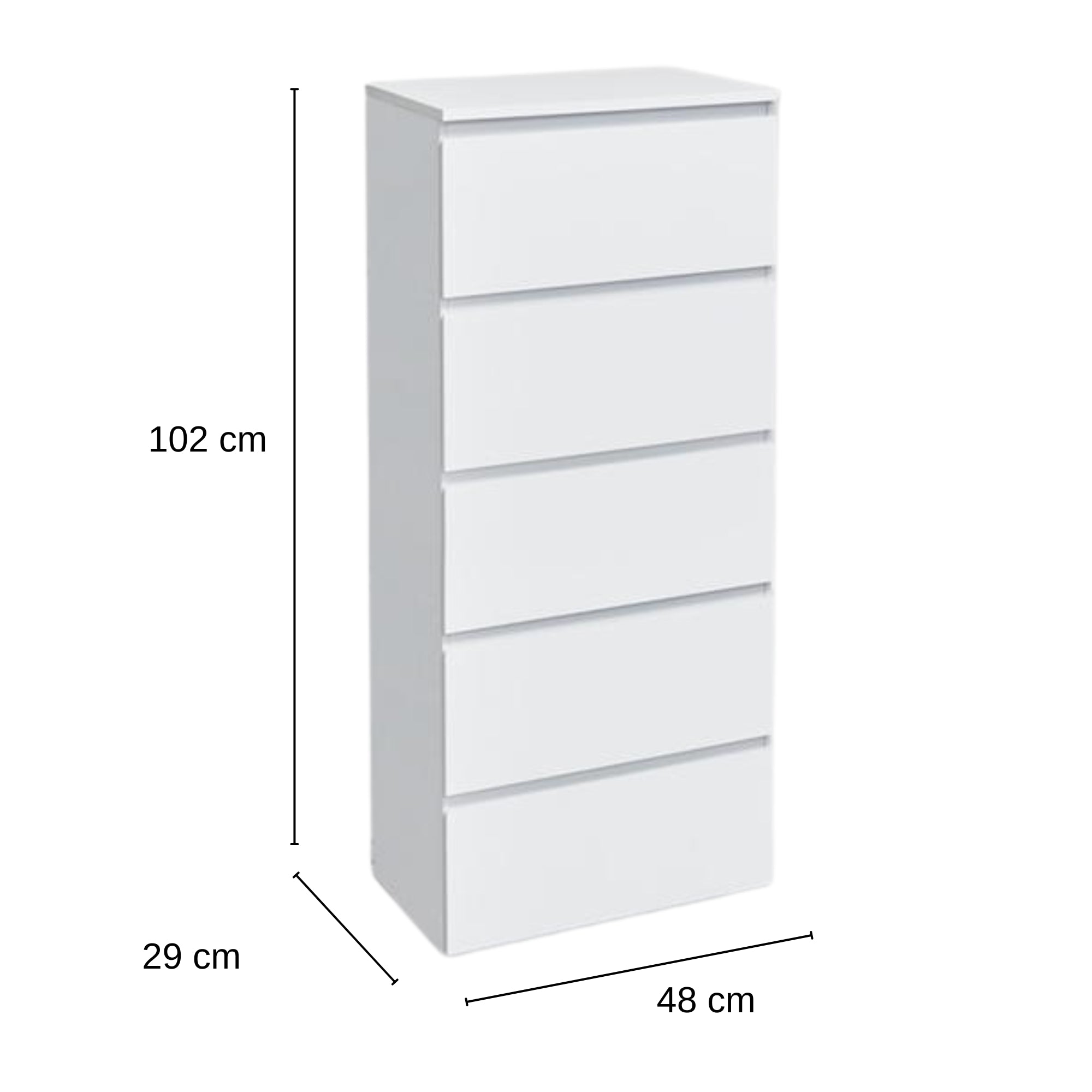 Modern White Storage, Particleboard Tall Chest - LOCKE 5 Drawer