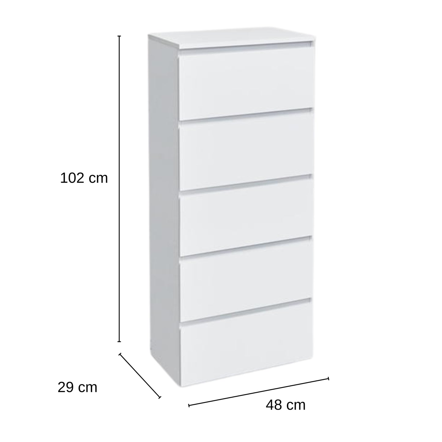 Modern White Storage, Particleboard Tall Chest - LOCKE 5 Drawer