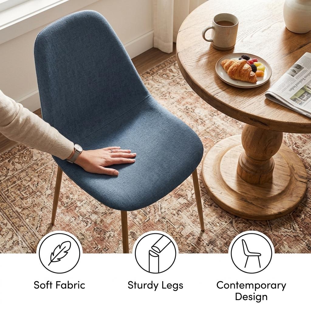 Modern Blue Fabric Dining Chair, Steel Wood-Print Legs - LUNIN BLUE