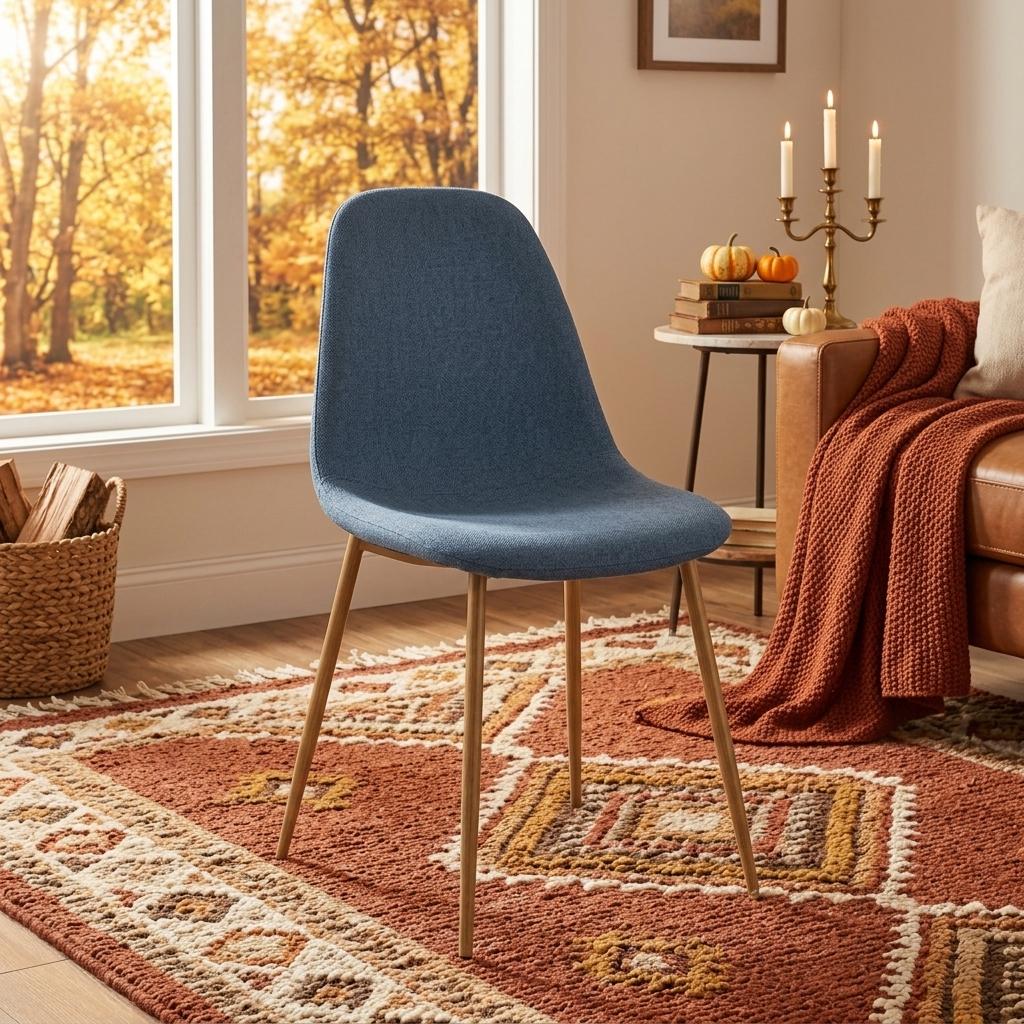 Modern Blue Fabric Dining Chair, Steel Wood-Print Legs - LUNIN BLUE