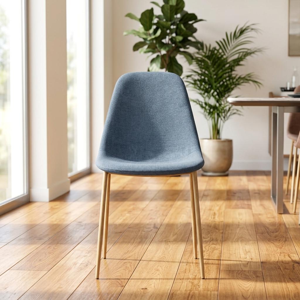 Modern Blue Fabric Dining Chair, Steel Wood-Print Legs - LUNIN BLUE