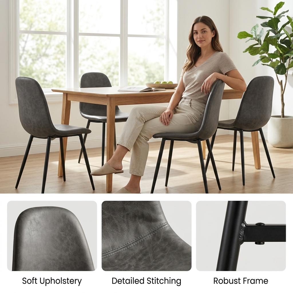 Modern Grey Dining Chair Set, Metal Frame - LUNIN GREY V2 4PCS