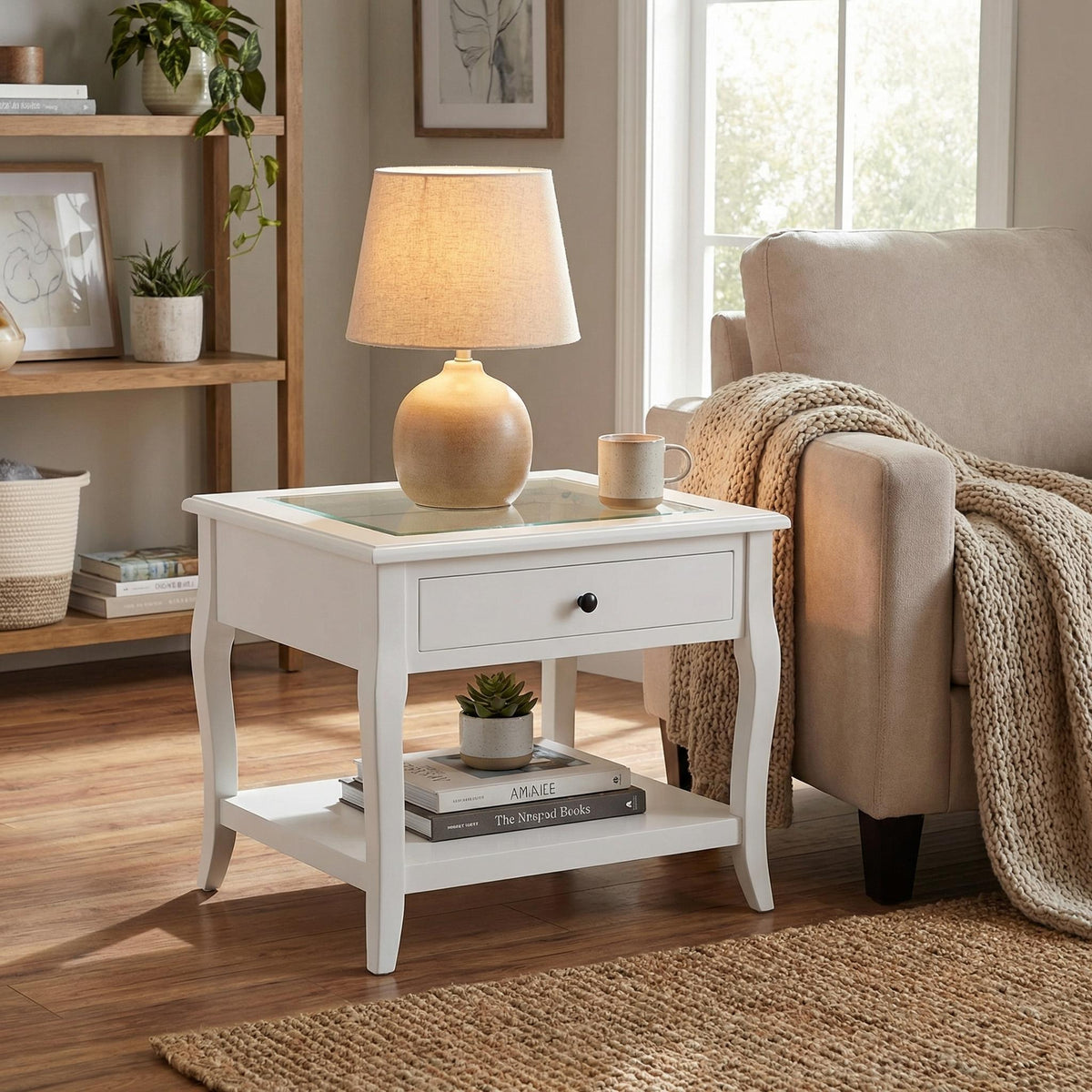White Bedside Table End Table with Glass Top - LURO