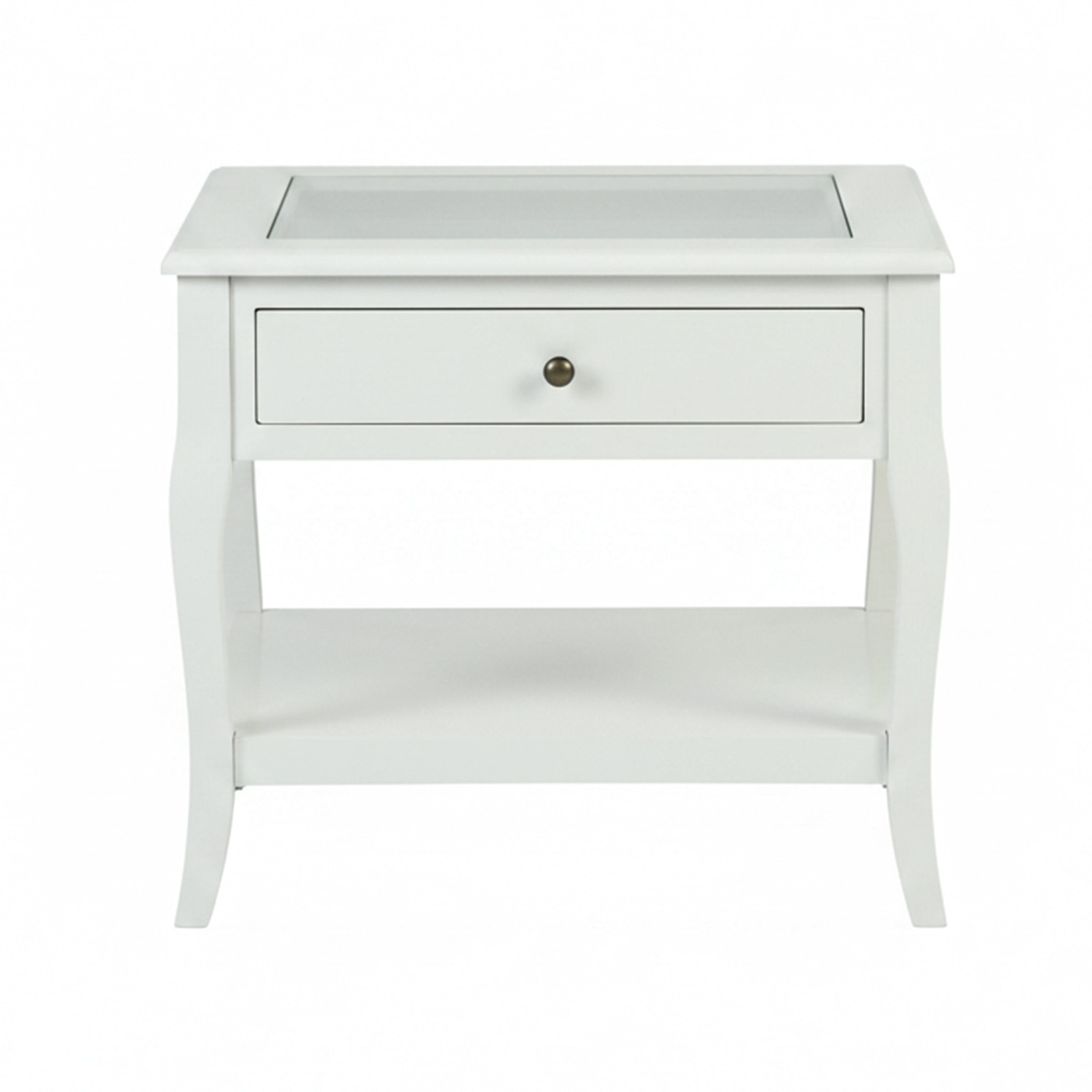 White Bedside Table End Table with Glass Top - LURO