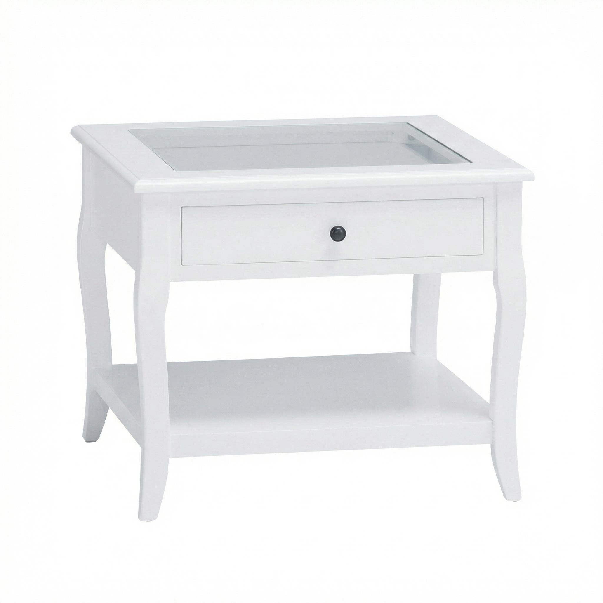 White Bedside Table End Table with Glass Top - LURO