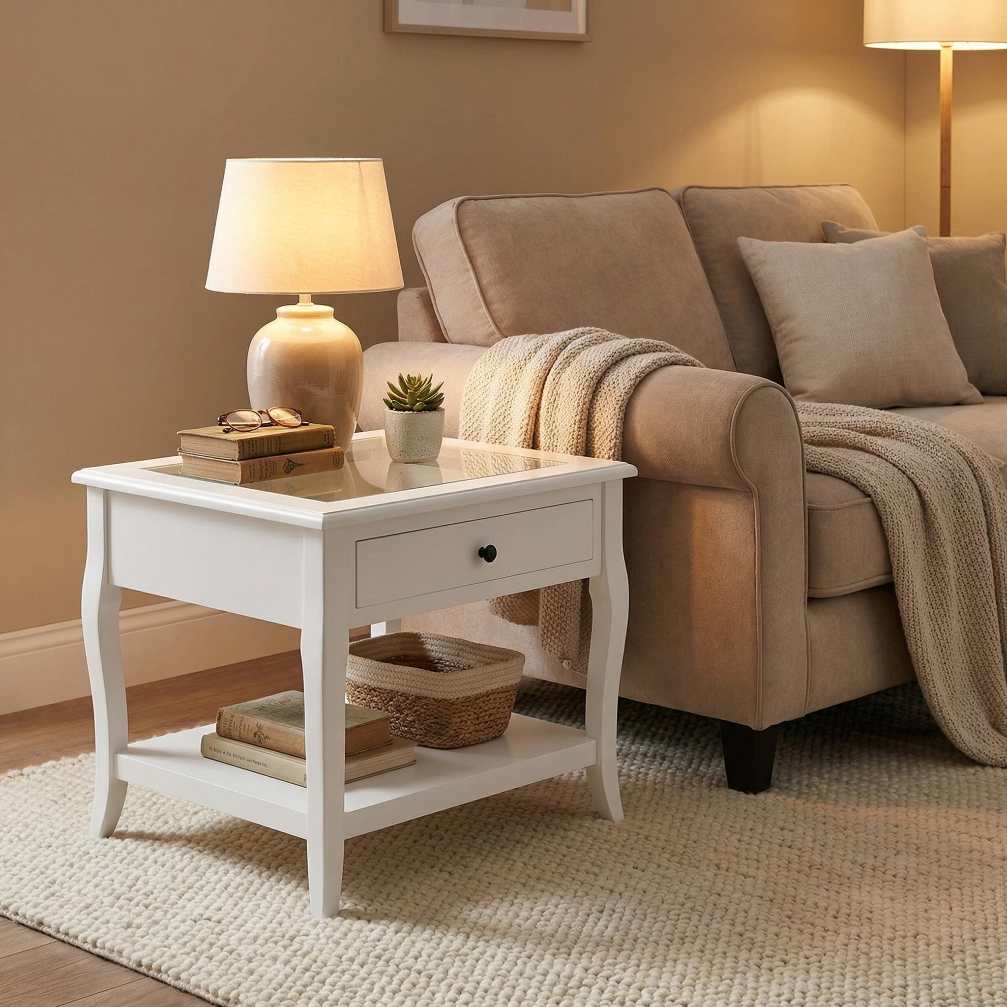 White Bedside Table End Table with Glass Top - LURO