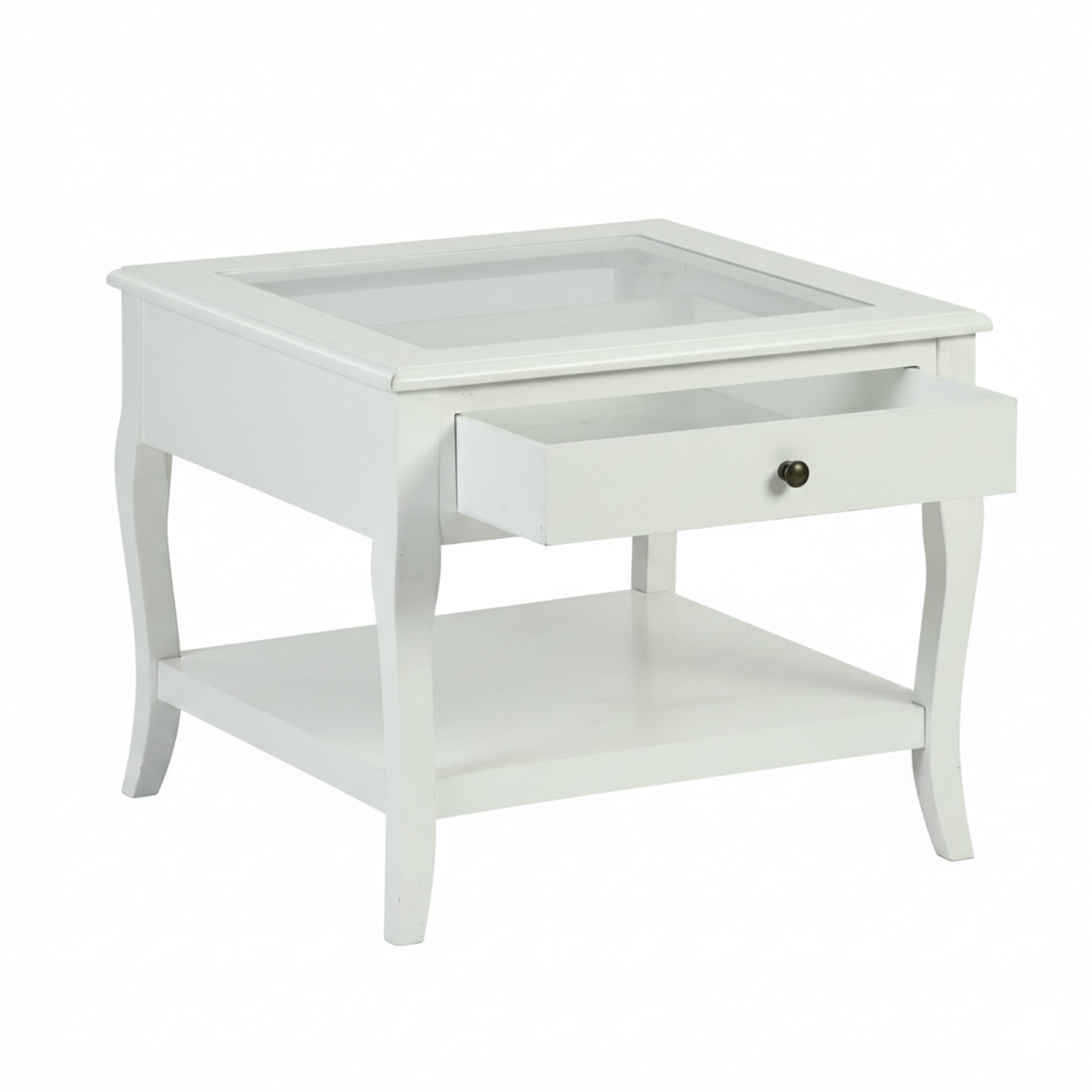 White Bedside Table End Table with Glass Top - LURO