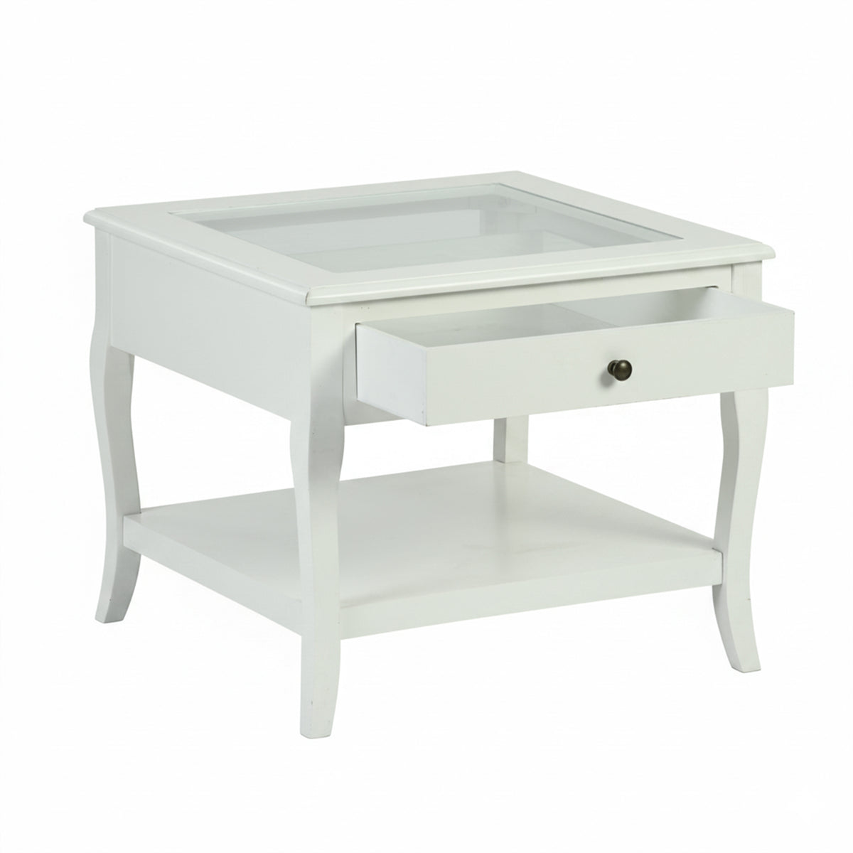 White Bedside Table End Table with Glass Top - LURO