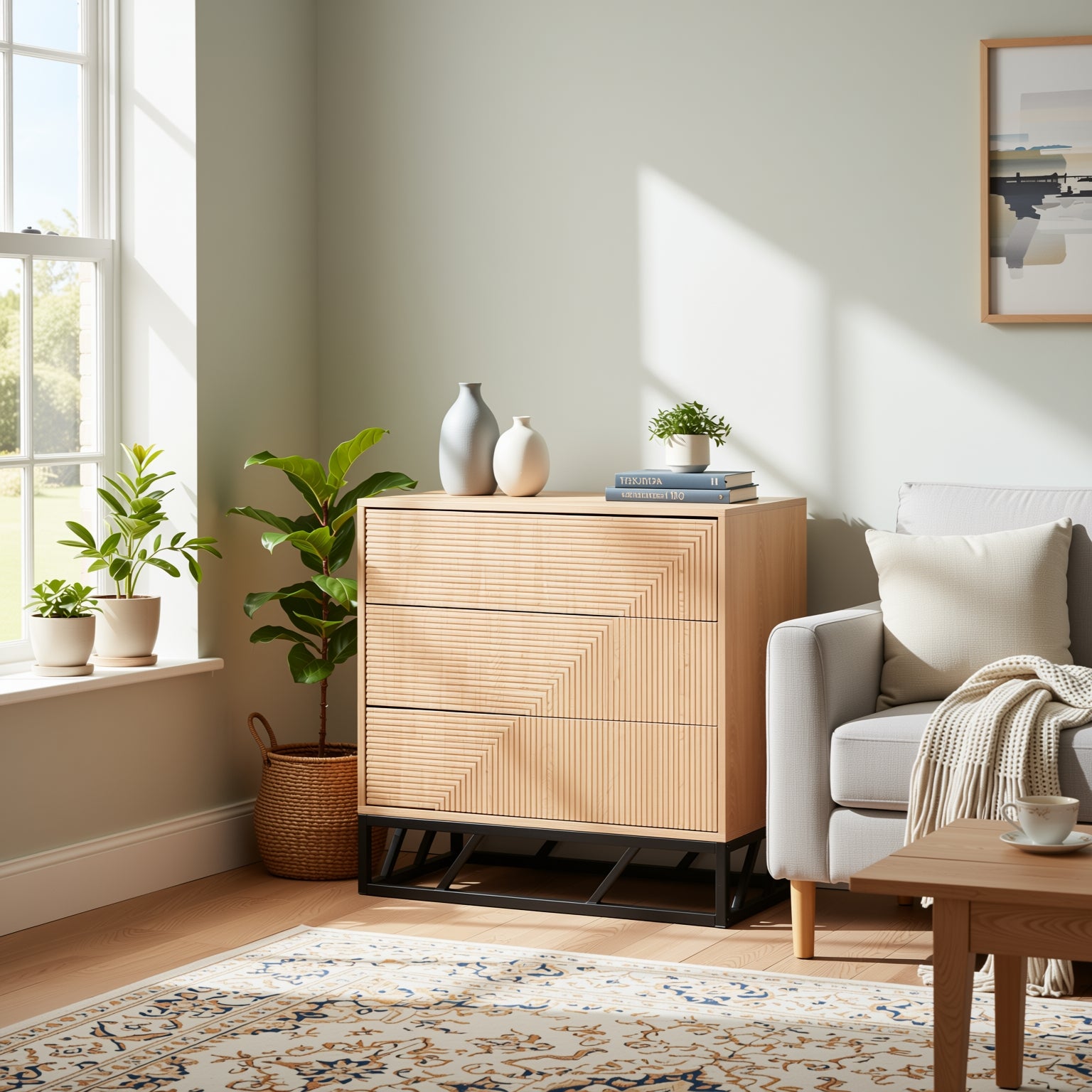 Modern Beech Black Storage, MDF Iron Frame - MABEL CHEST OF 3 DRAWERS