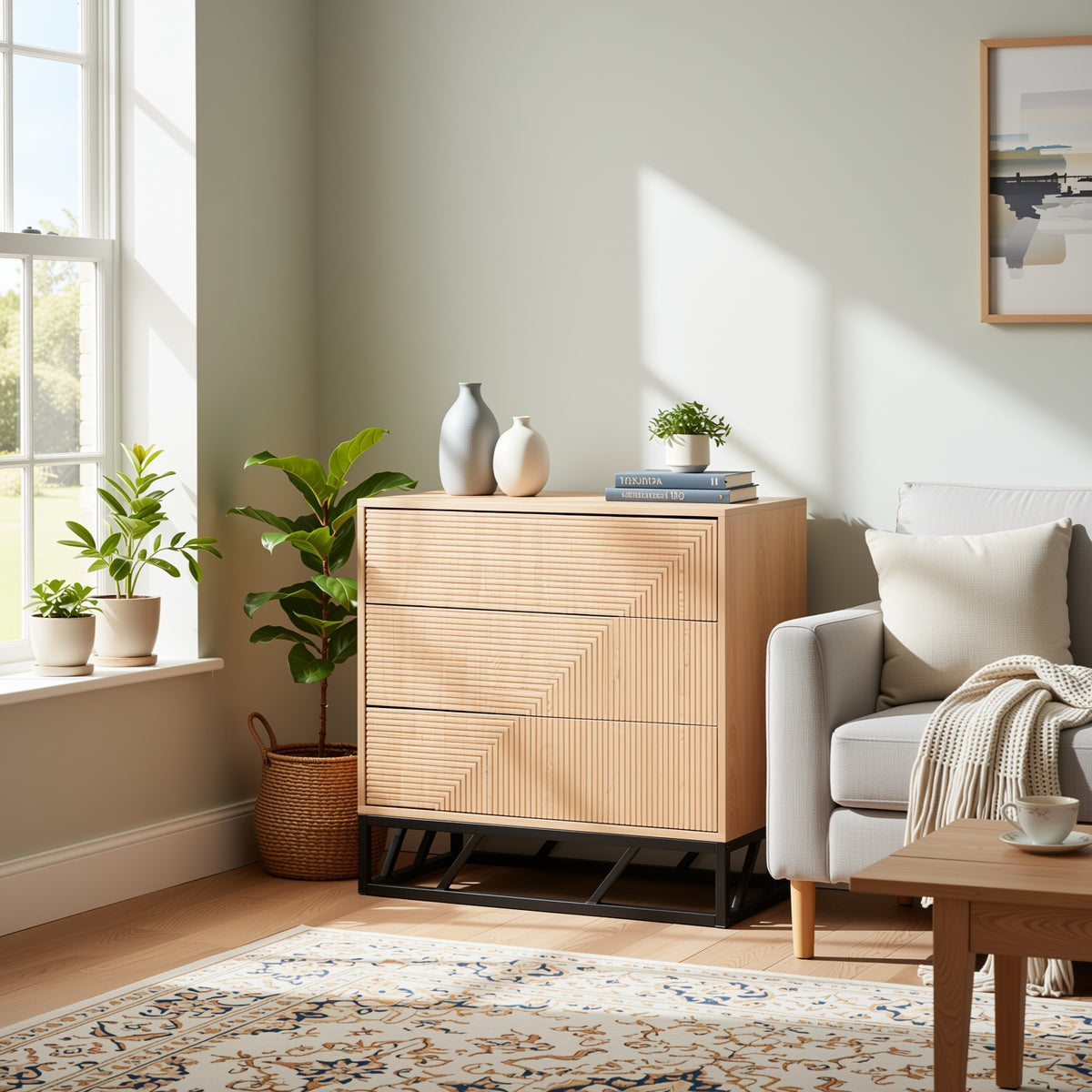 Modern Beech Black Storage, MDF Iron Frame - MABEL CHEST OF 3 DRAWERS