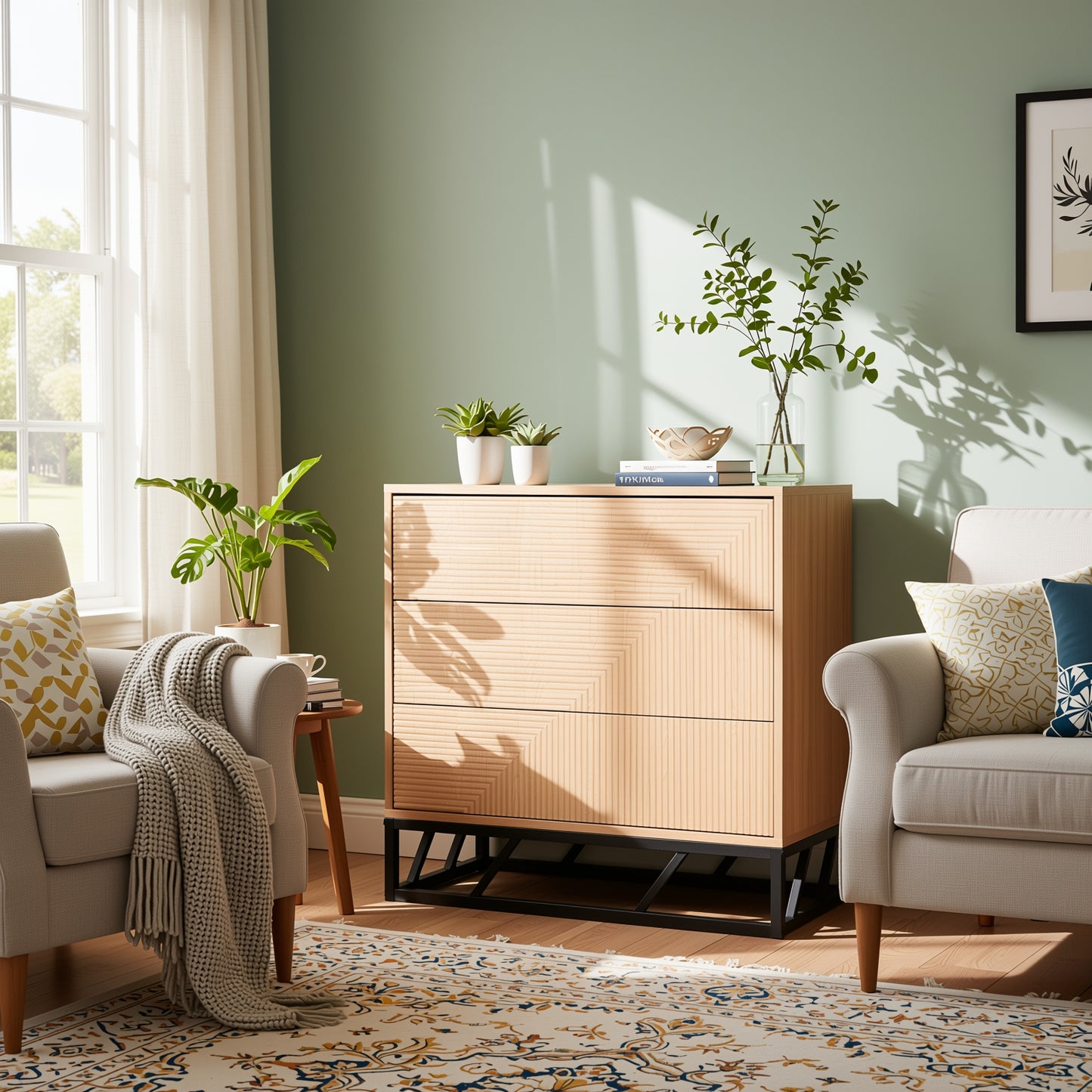 Modern Beech Black Storage, MDF Iron Frame - MABEL CHEST OF 3 DRAWERS