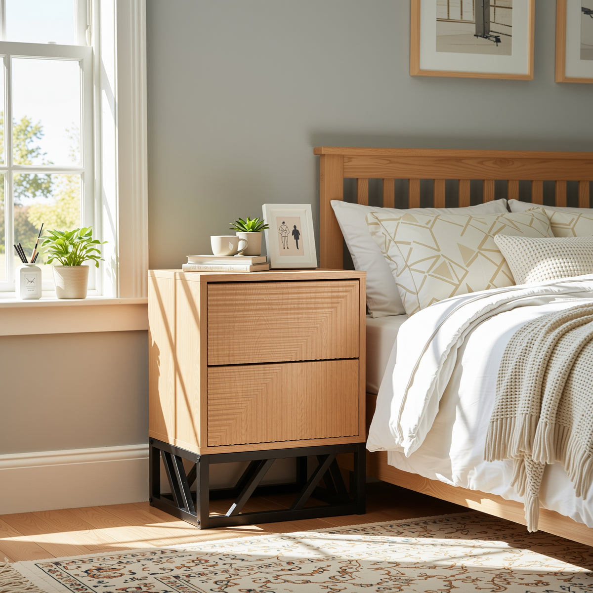 Modern Beech Black Nightstand, MDF & Iron - MABEL NIGHTSTAND