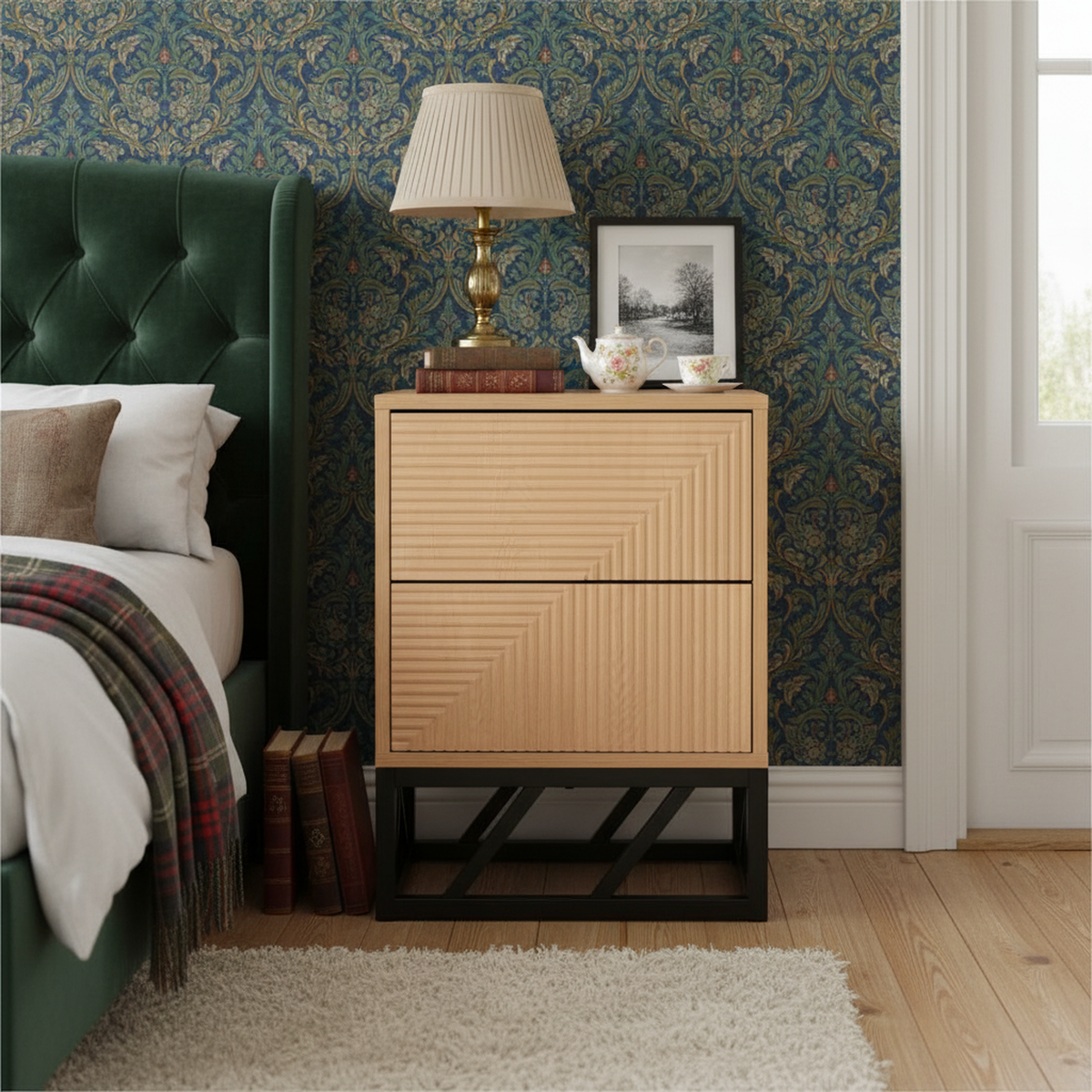 Modern Beech Black Nightstand, MDF & Iron - MABEL NIGHTSTAND