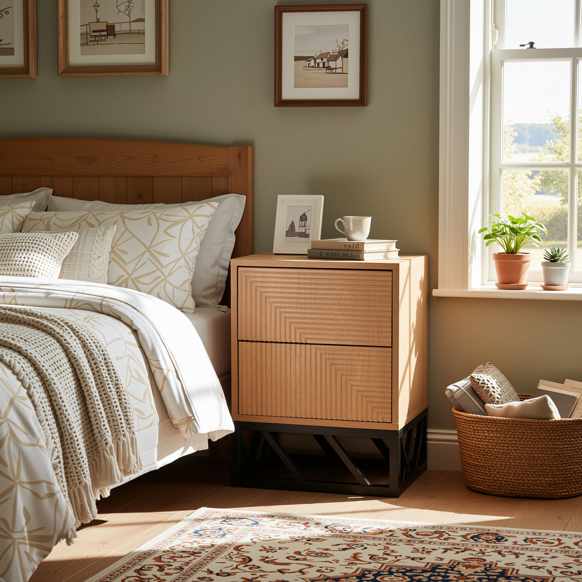 Modern Beech Black Nightstand, MDF & Iron - MABEL NIGHTSTAND