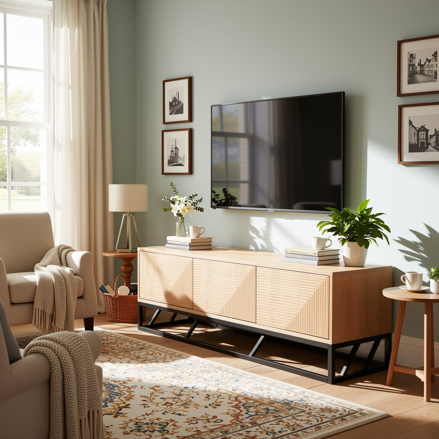 Modern Beech Black TV Stand, MDF & Iron Frame - MABEL TV STAND