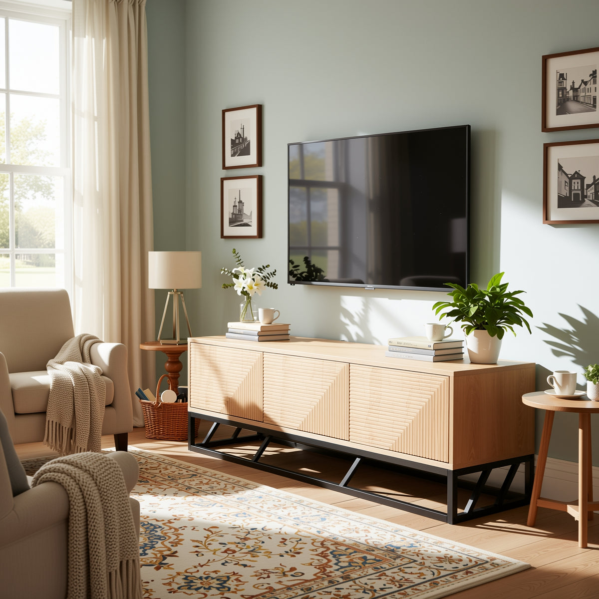 Modern Beech Black TV Stand, MDF & Iron Frame - MABEL TV STAND