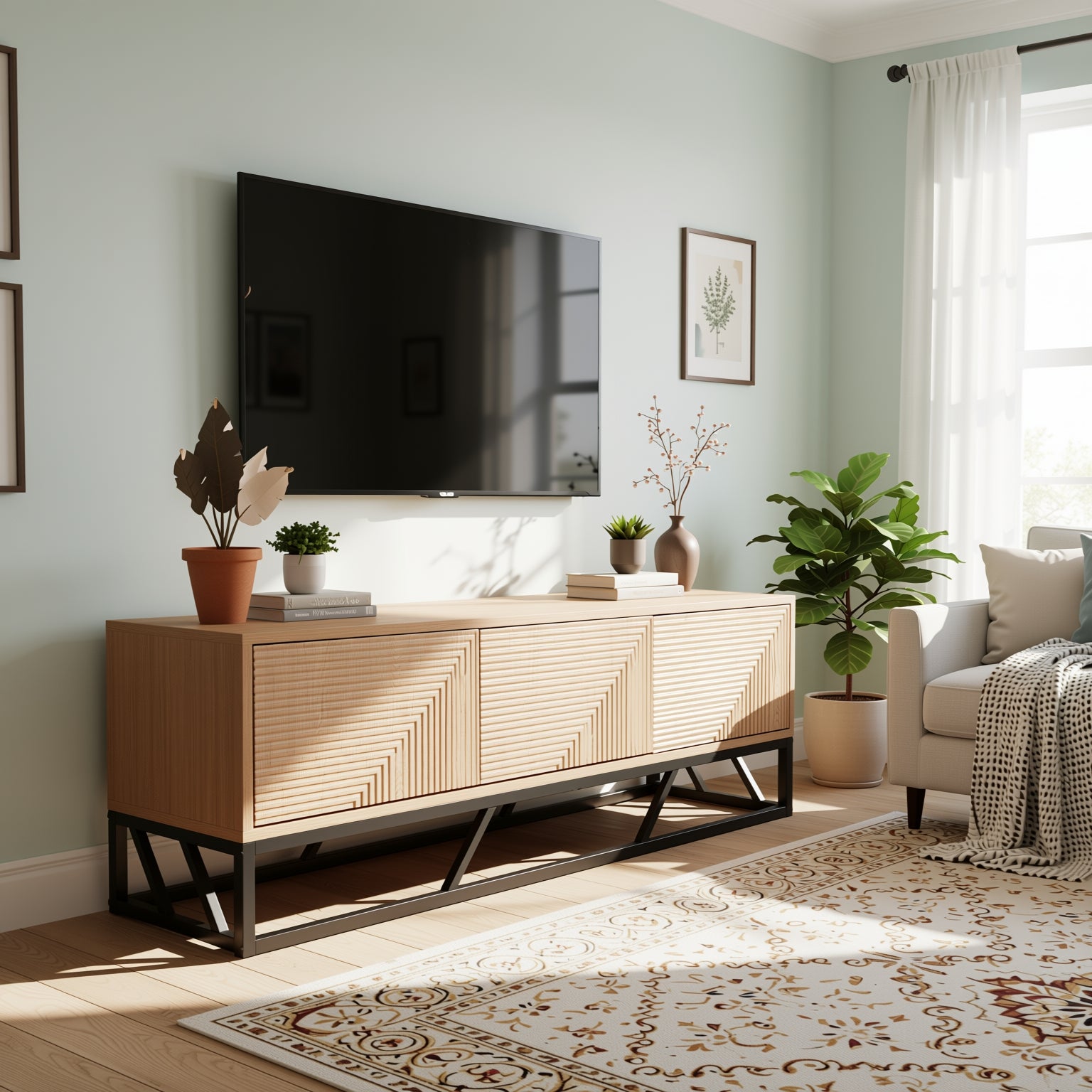 Modern Beech Black TV Stand, MDF & Iron Frame - MABEL TV STAND