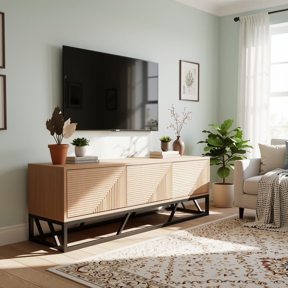 Modern Beech Black TV Stand, MDF & Iron Frame - MABEL TV STAND