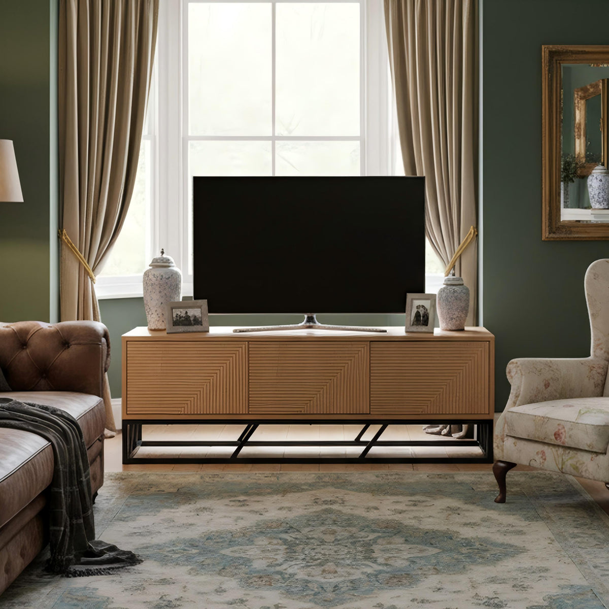 Modern Beech Black TV Stand, MDF & Iron Frame - MABEL TV STAND