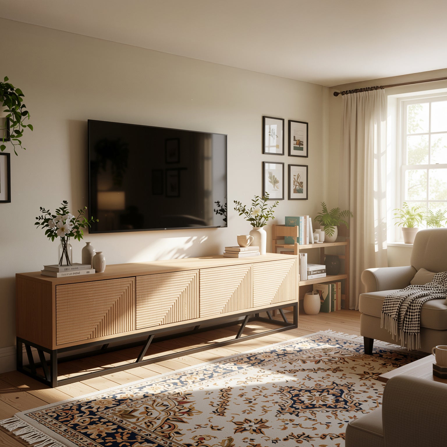 Modern Beech Black TV Stand, MDF & Iron Frame - MABEL TV STAND LONG