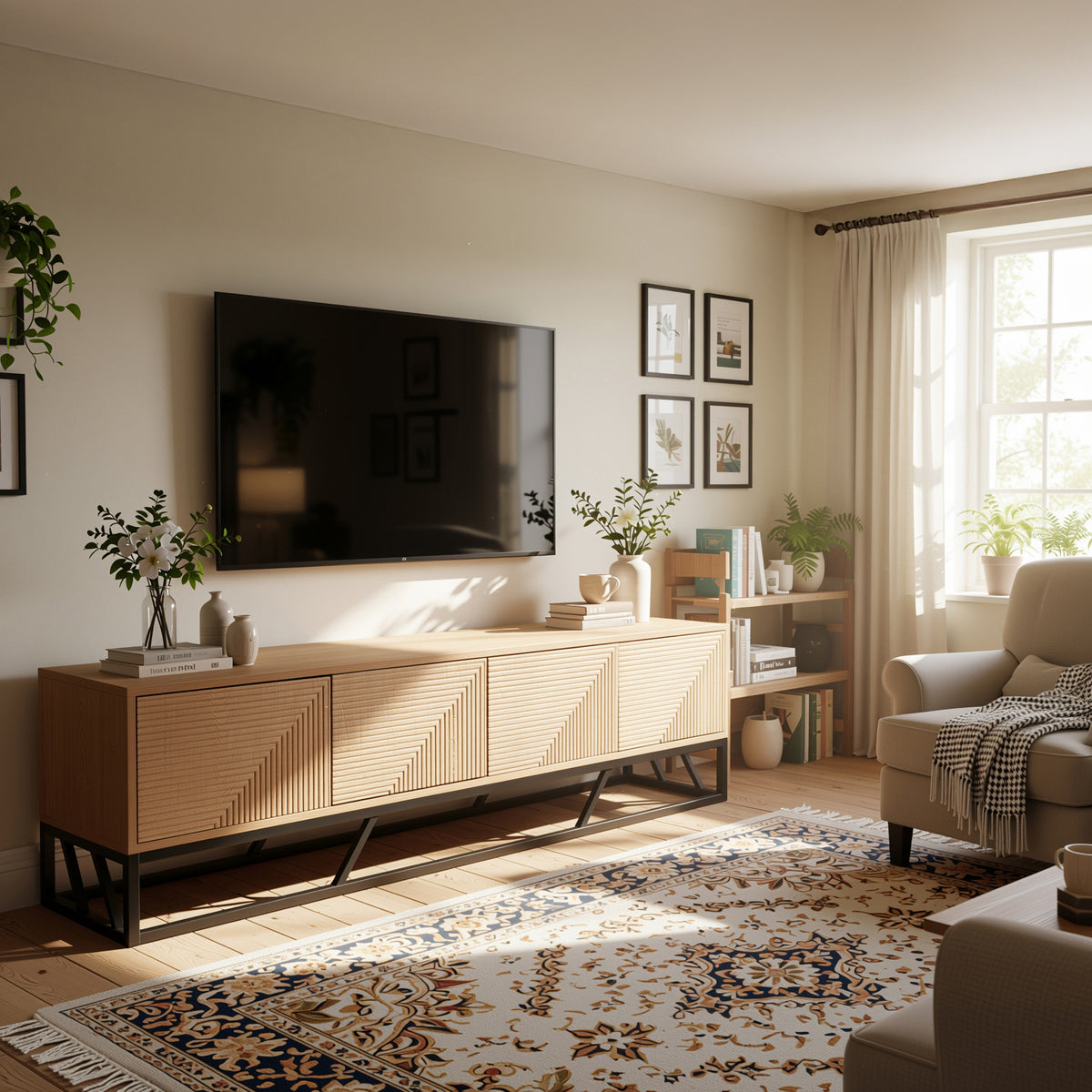 Modern Beech Black TV Stand, MDF & Iron Frame - MABEL TV STAND LONG