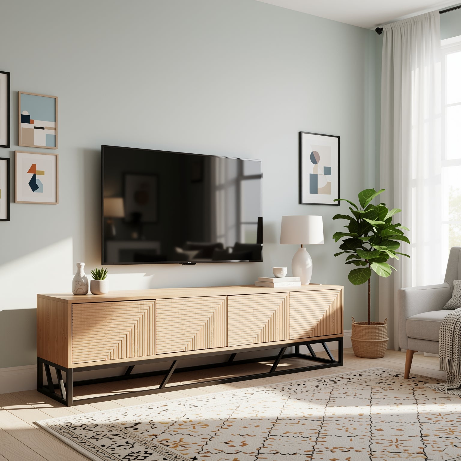 Modern Beech Black TV Stand, MDF & Iron Frame - MABEL TV STAND LONG
