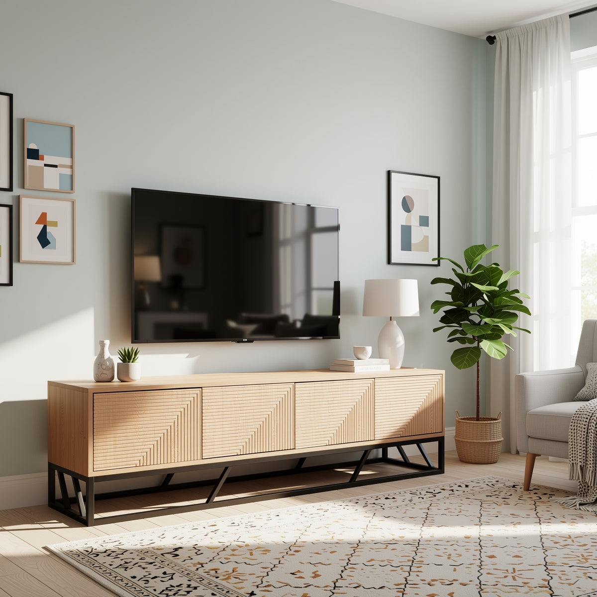 Modern Beech Black TV Stand, MDF & Iron Frame - MABEL TV STAND LONG