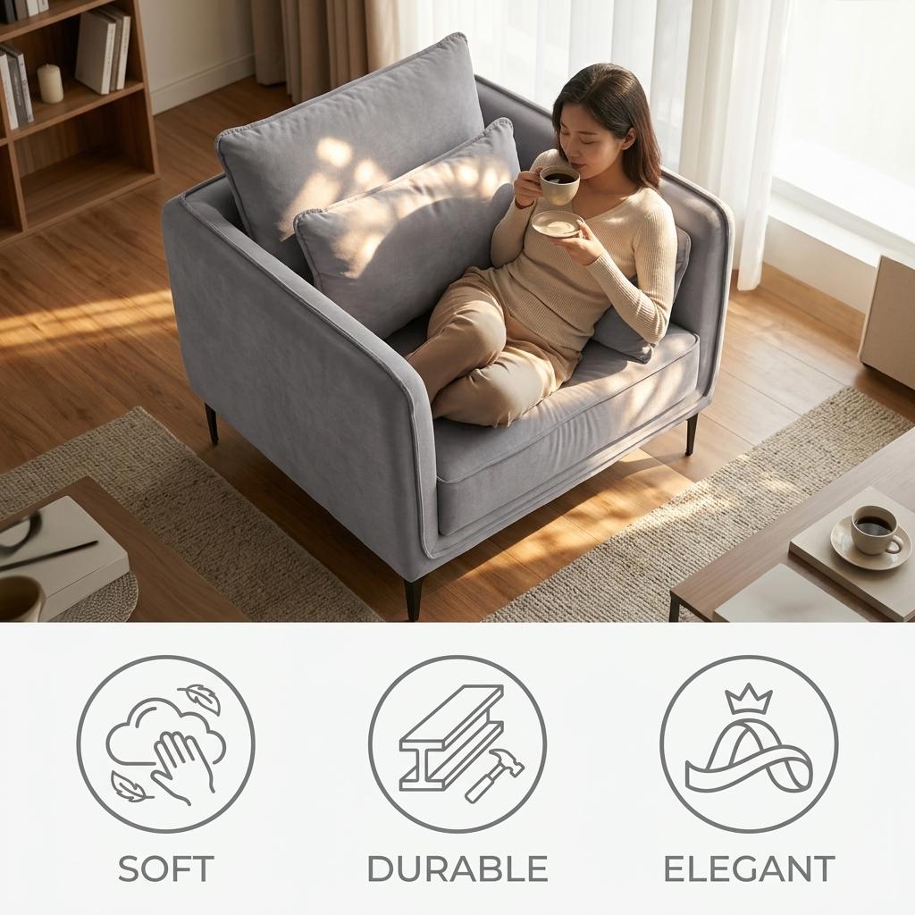 Modern Velvet One-Seater, Black Legs - MAKULA GREY
