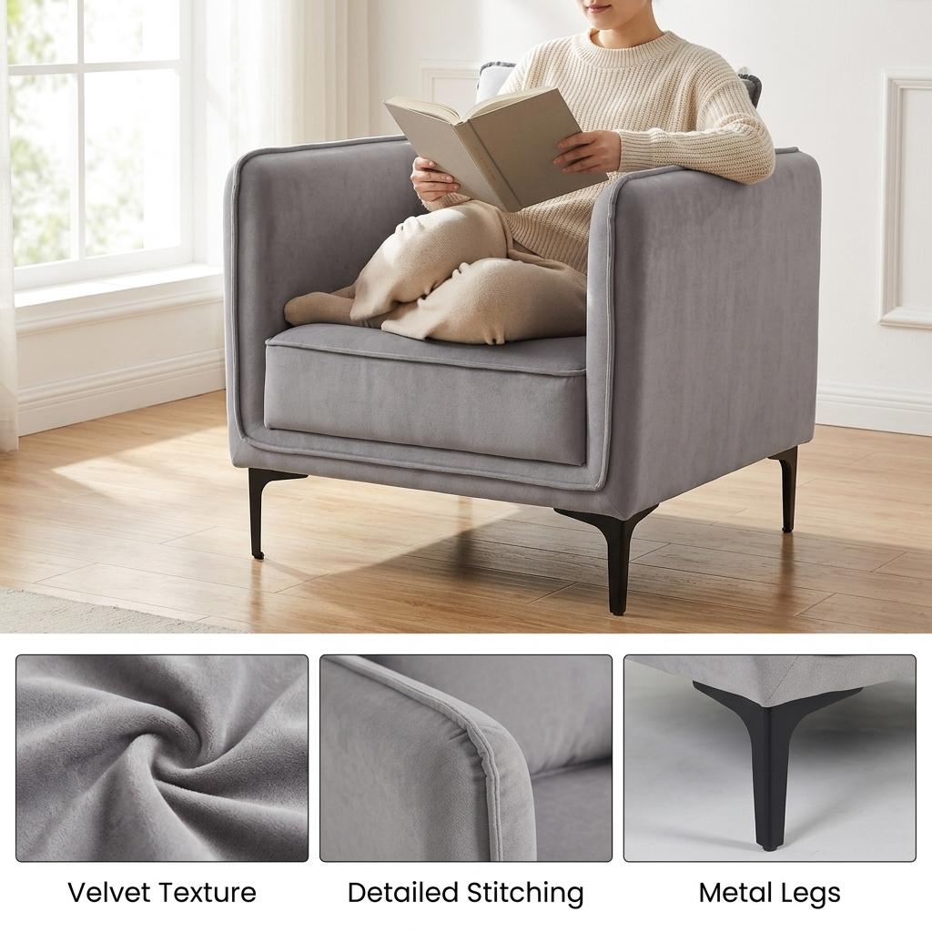 Modern Velvet One-Seater, Black Legs - MAKULA GREY