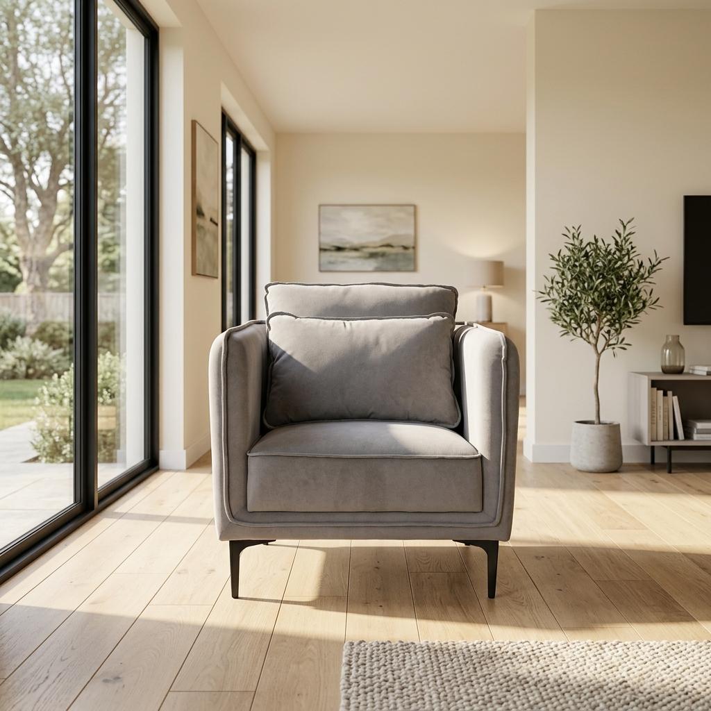 Modern Velvet One-Seater, Black Legs - MAKULA GREY